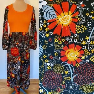 Mod Vintage 60s 70s Maxi Dress *Size 8* ORANGE Floral Long-Sleeve Knit Dress